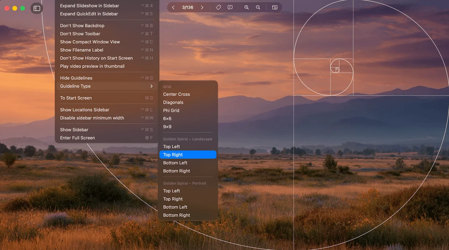 Nuove guide di composizione in Phiewer: griglia Phi, spirale aurea e diagonali per Mac