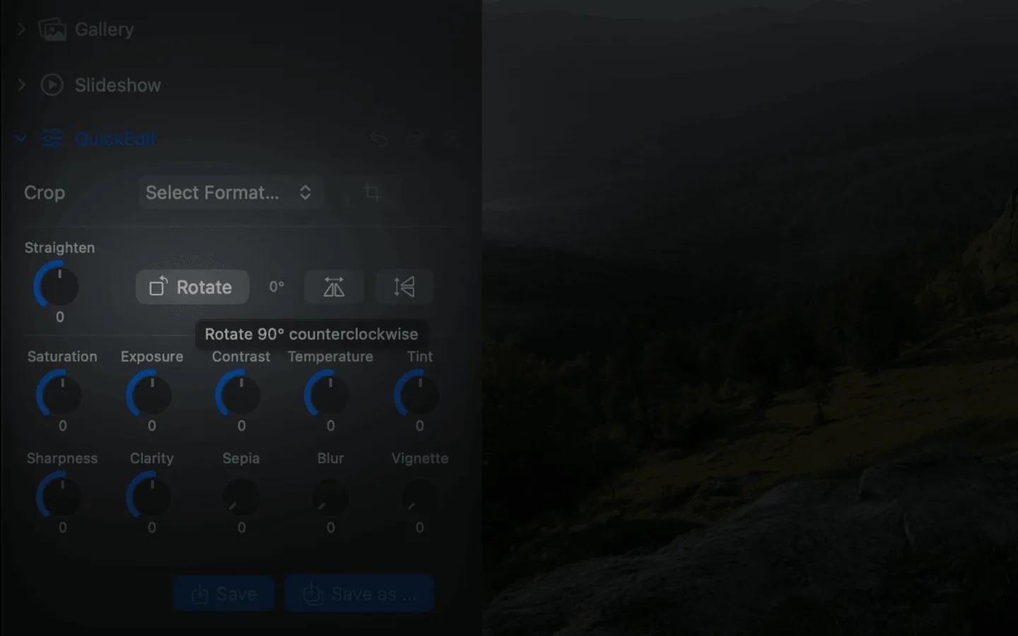 The Rotate button in QuickEdit with the Option key held down