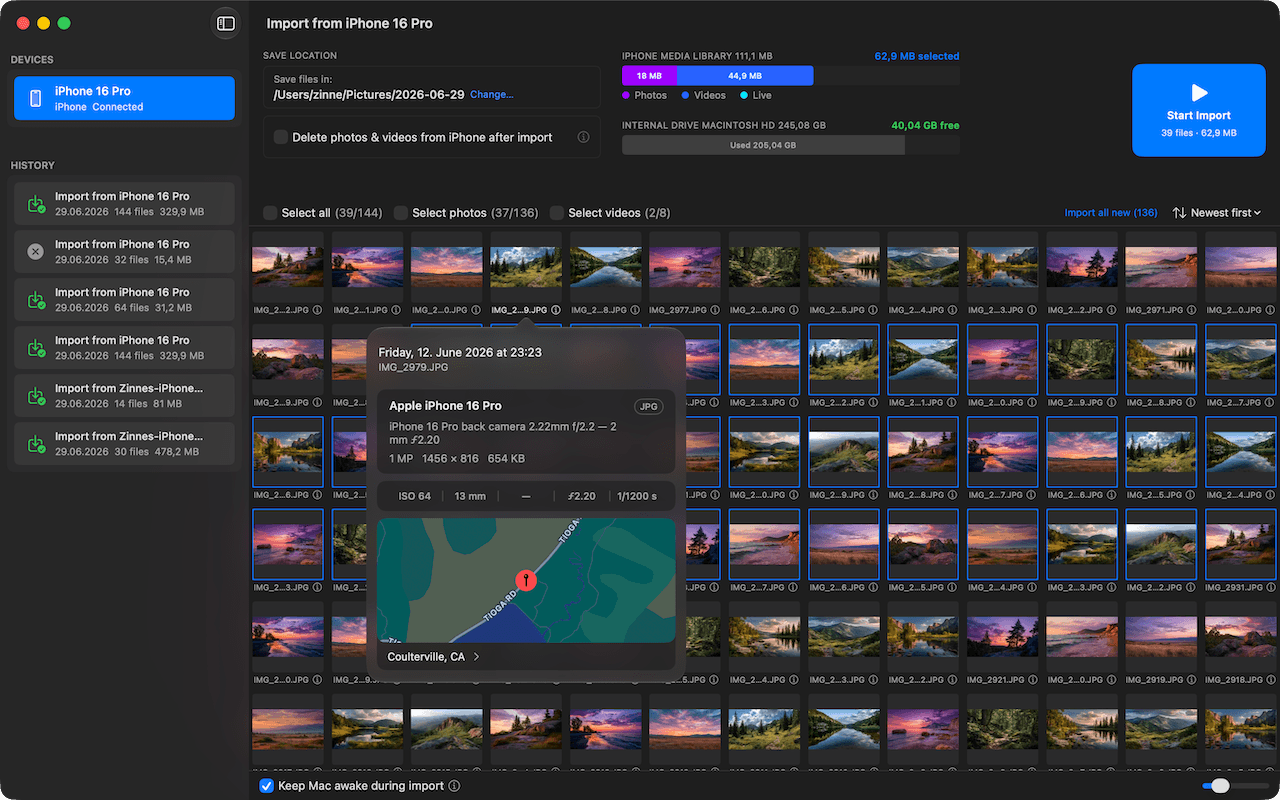 Photo RollOff transfère les photos et vidéos de l'iPhone vers le Mac sous forme de vrais fichiers.